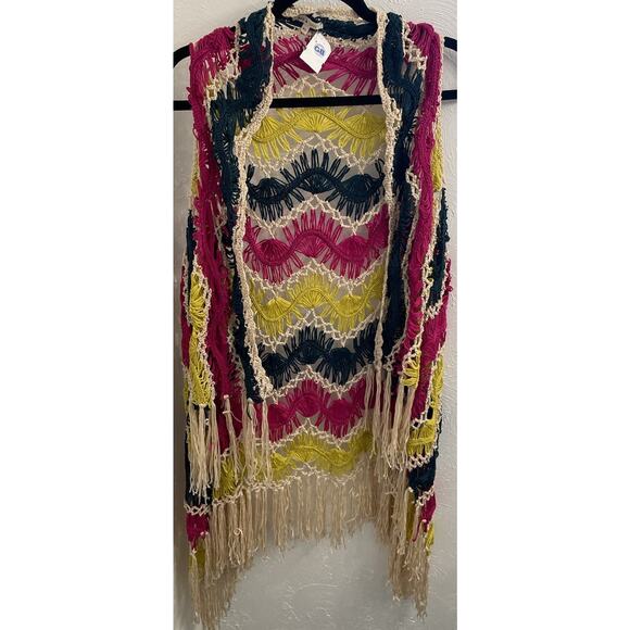 May & July Crochet Bright Knit Vest Size M/L Fringe Long Open - Picture 1 of 6